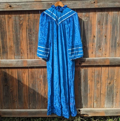 Bata Larga Vintage Azul Terciopelo Vestido Casa Abrigo Cremallera Años 80 Gillian O'Malley Mediana Foto 1 de 4