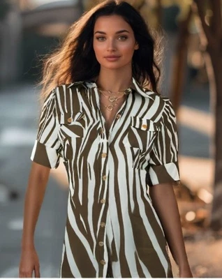 Vestido Camisa Antonio Melani Estampado Animal Talla Pequeña 4 Marrón Manga Corta Botones Foto 1 de 4