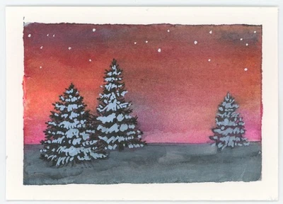 Pintura al atardecer Snowy Pines, ACEO Original (NO ES UNA IMPRESIÓN), 2,5x3,5, Firmada Foto 1 de 3