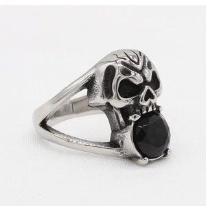 Vintage Black CZ Stone in Skull Mouth Ring Stainless Steel Gothic Biker Men Ring - Picture 1 of 4