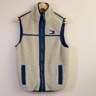 Tommy Hilfiger Sherpa Chaleco Polar Para Hombre Pequeño Beige Azul Marino Expedición Logo Cremallera Foto 1 de 4