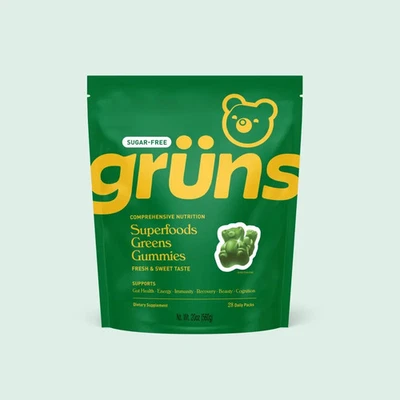 Gruns Adults Super Greens Gummies, NO SUGAR Superfood Gummy Bears 28 Packs - Image 1 of 4