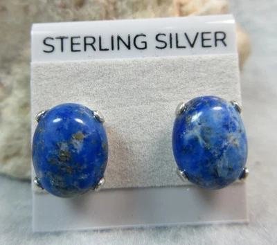 Серьги-гвоздики из настоящего стерлингового серебра 925 пробы с кабошоном DENIM LAPIS LAZULI 6,66 карата - Изображение 1 из 4