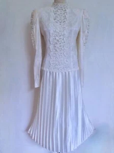 Vtg 80s Scott McClintock Wedding Dress 10 S Lace Silky Pleated Skirt Drop Waist - Picture 1 of 15