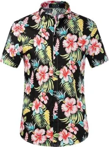 SSLR Mens Cotton Button Down Short Sleeve Hawaiian Shirt, Red Hibiscus, 4X-Large - Picture 1 of 8