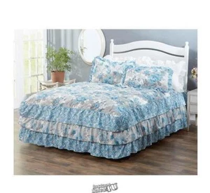 American Home Triple Ruffle Patchwork Bedspread Madeline Light Blue Grey Full - Picture 1 of 2