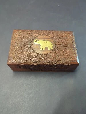 1 Brass Elephants Inlayed on a Decorative Carved Wooden Box - Image 1 of 4