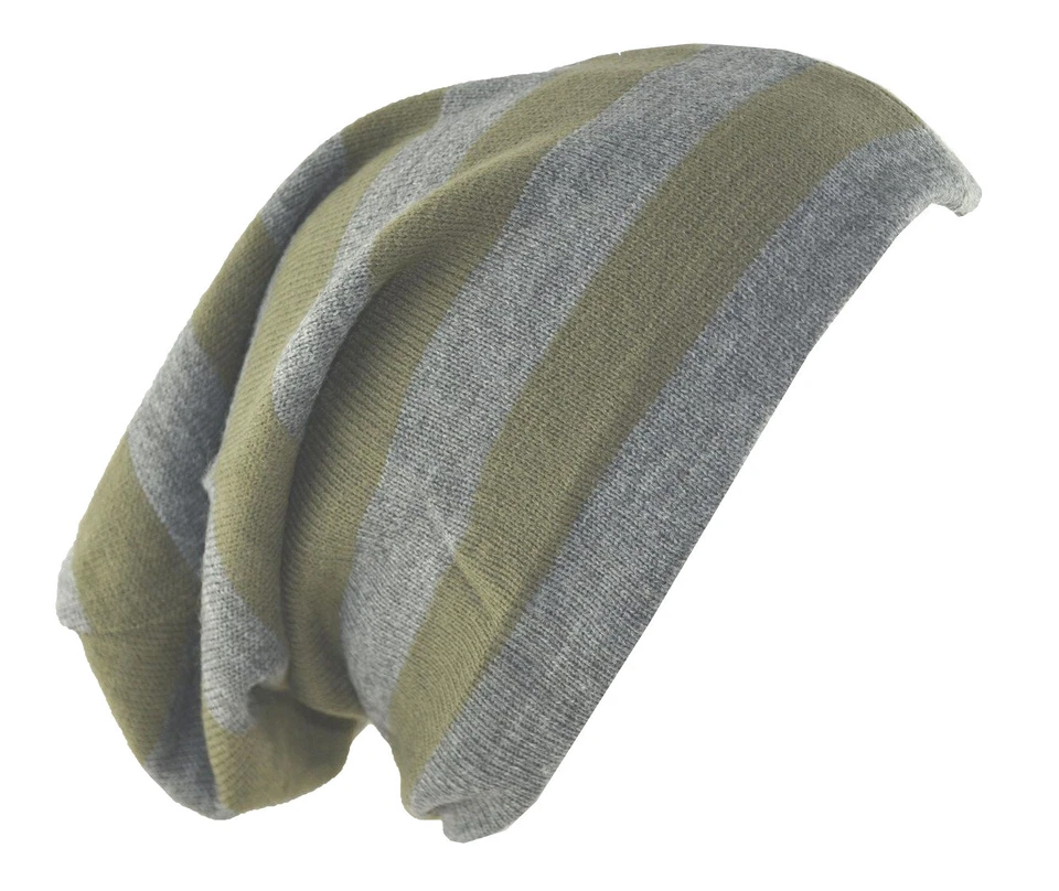 D&Y Men's Long Beanie Reversible Stripe Knit Hat 12" Gray Green - Image 1 of 1