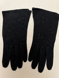 Vintage Dark Blue Soft Suede Leather Mid Length Floral Embroidered Gloves💗 - Picture 1 of 5