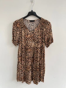 F&F Leopard Mini Dress Smock Loose Fit Brown Animal Print UK 8-10 - Picture 1 of 8