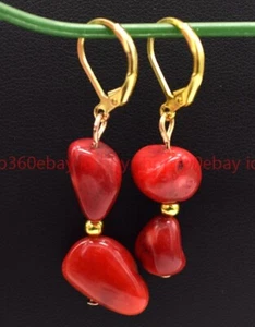 Pretty 8x10mm Red Coral Irregular Gemstone Beads Leverback Dangle Earrings - Picture 1 of 12