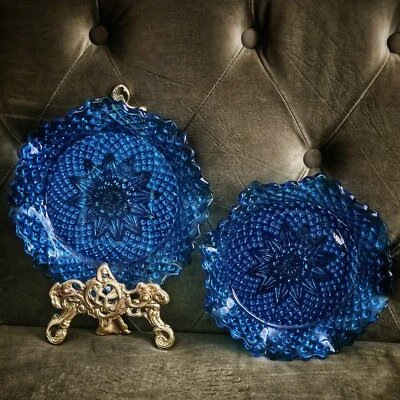 Victorian Blue Pressed Glass Plates with Scalloped Edge - Pair (19cm) - Image 1 of 4
