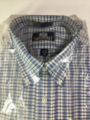 Camisa Oxford Abotonada Años 80 90 NOS 16 1/2 XL Alta EE. UU.! Stafford a cuadros azules Foto 1 de 4