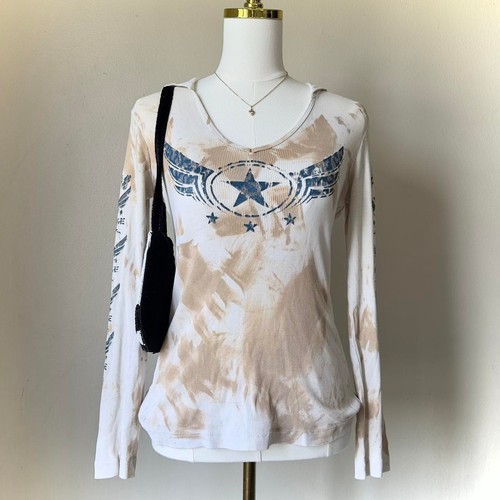 OFF WHITE Felpa con cappuccio leggera manica lunga Sledge USA crema e marrone cowgirl grunge biker Med