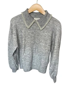 Suéter H&M Suave Gris Cuello Perla Femenino Pullover Talla Pequeña Dinero Antiguo Elástico - Imagen 1 de 4