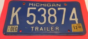 1998 Michigan Trailer License Plate - K 53874 Blue & White - Picture 1 of 2