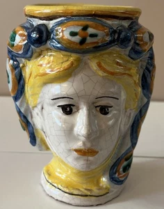 RARE VINTAGE 5" CALTAGIRONE SIGNED BORIA Hand Made HEAD VASE Candleholder Sicily - Picture 1 of 10