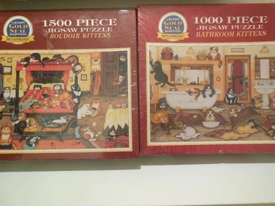 LOTE DE 2 BROCAS Y PIEZAS ROMPECABEZAS - SELLO DORADO - TOCADOR Y GATITOS DE BAÑO - PRECINTADO Foto 1 de 4