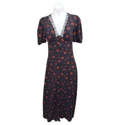 Vestido Camisa Midi Miss Selfridge Negro Floral Encaje Cuello en V Manga Corta Abullonada Talla 4 Foto 1 de 4