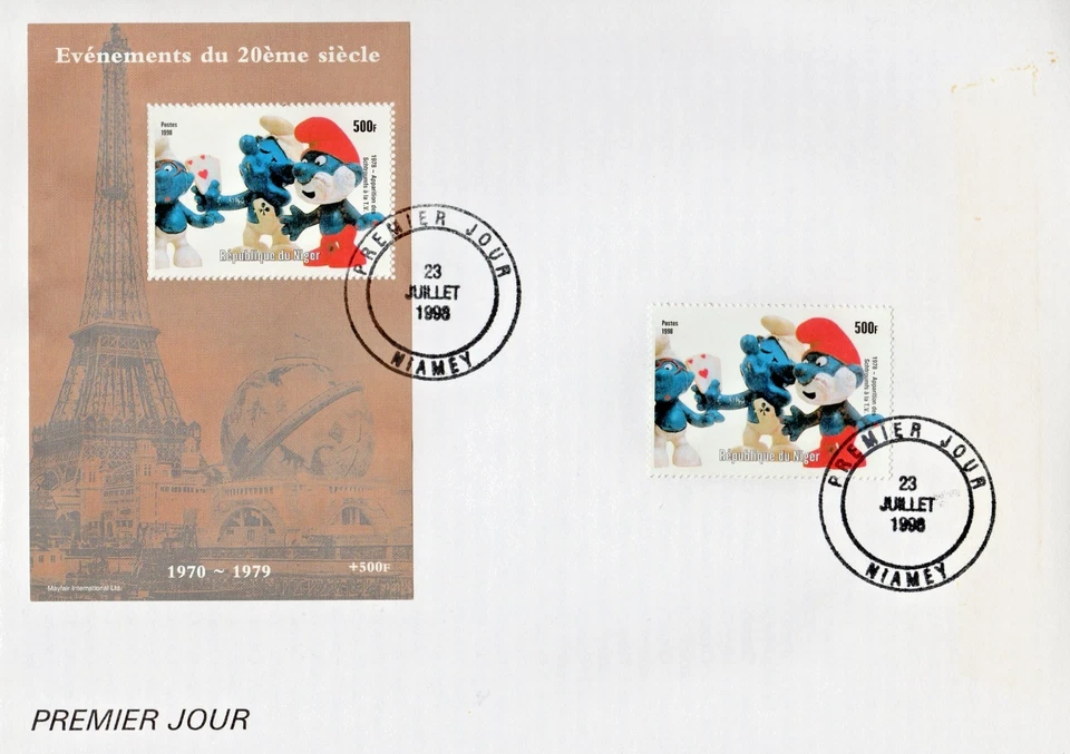 Níger 1998 Los Pitufos 1978 Primera vez en T.V. Juego de Animación + S/S en un FDC Foto 1 de 1