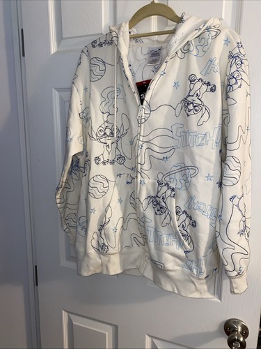 OFF WHITE Felpa con cappuccio e zip intera ricamata Disney’s STITCH con tasche donna XL panna AOP