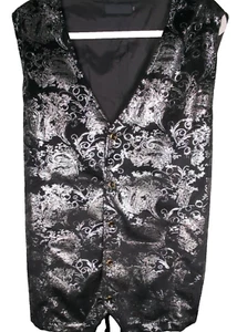 Zeroyaa Black With Silver Metallic Paisley Print Gothic Steam Punk Suit Vest XXL - Picture 1 of 10
