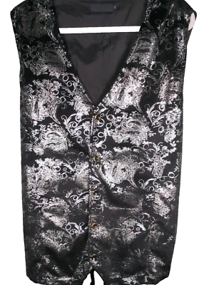 Zeroyaa Black With Silver Metallic Paisley Print Gothic Steam Punk Suit Vest XXL - Image 1 of 4