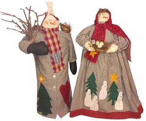 VTG Primitive 15” Handmade Folk Art Snowman Winter Cloth Dolls PAIR Set Decor - Picture 1 of 5