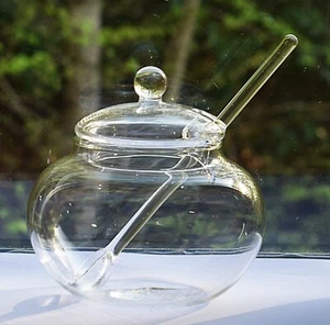 Clear Crystal Glass Sugar Bowl Jam/Jelly Pot with Lid & Dipper Spoon Blown - Picture 1 of 22