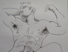 Original Hand Drawn Art Ink Drawing of a Man Male Nude Reclining Front View