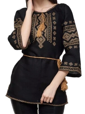 Vyshyvanka womens Black Yellow Ukraine Embroidered blouse S-2XL  - Image 1 of 3