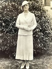 U4 Photograph Pretty Stoic Woman Dressed White Hat Purse 1940's 