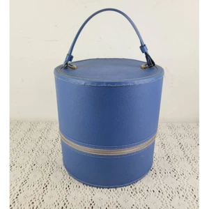 Vintage 1950s / 1960s Blue Retro Travel Hat or Wig w Handle Box Suitcase Luggage - Picture 1 of 12