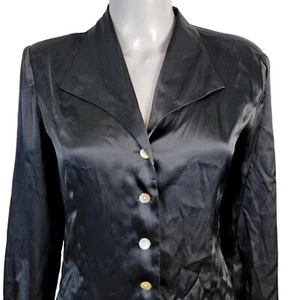 Vintage 90s Satin Shirt Women Medium Black Button Blouse Formal Top Collar 8 10 - Picture 1 of 14