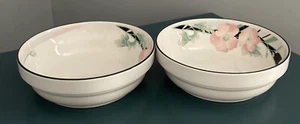 Sango JOLIE Coupe Cereal Bowl Black Border Pink floral EUC Set Of 2 - Picture 1 of 4