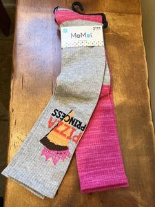 MEMOI SOCKS GIRLS 2 PAIRS KNEE HIGH Size 9-11 PRINCESSES PUZZA GRAY PINK NEW - Picture 1 of 3