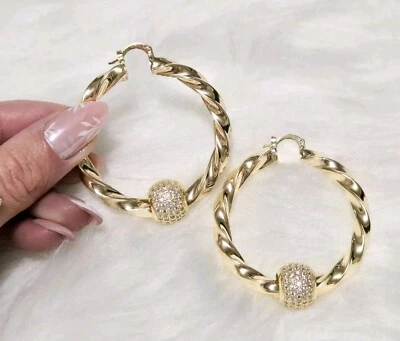 Small Gold Chunky Twist Hoop Earrings With Sparkle Cz Balls 9ct Gold XP 50mm  - Image 1 of 4