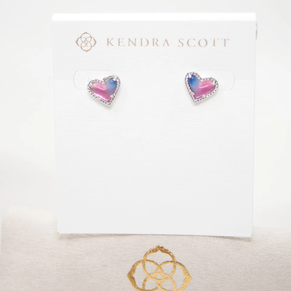 Authentic Kendra Scott Women 966 Rhodium Ari Heart Watercolor Stud Earrings