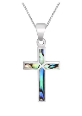 Collar Iridiscente Cruz de Fe Concha de Abulón Acero Inoxidable Foto 1 de 2