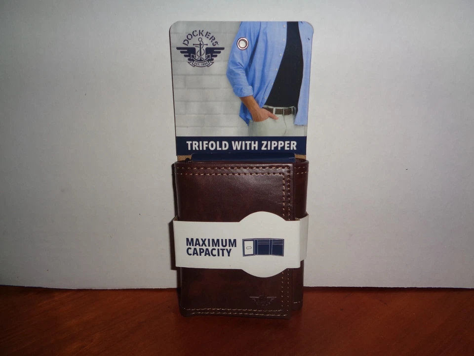 Dockers Mens RFID Coated Leather Trifold Wallet Zipper Closure 6 Card Slot Brown - Image 1 of 4