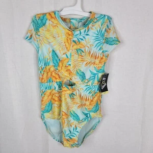 Art Class Girls 10/12 Large Leaf Print Yellow Blue Rash Guard Swimsuit - Picture 1 of 5