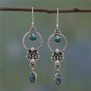 Ancient Silver Turquoise Dangle Cleopatra Style Earing-Boho Vintage Style Earing - Picture 1 of 9