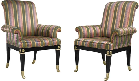 Vintage Mastercraft Brass Mounted Black Lacquer Armchairs - a Pair Cover