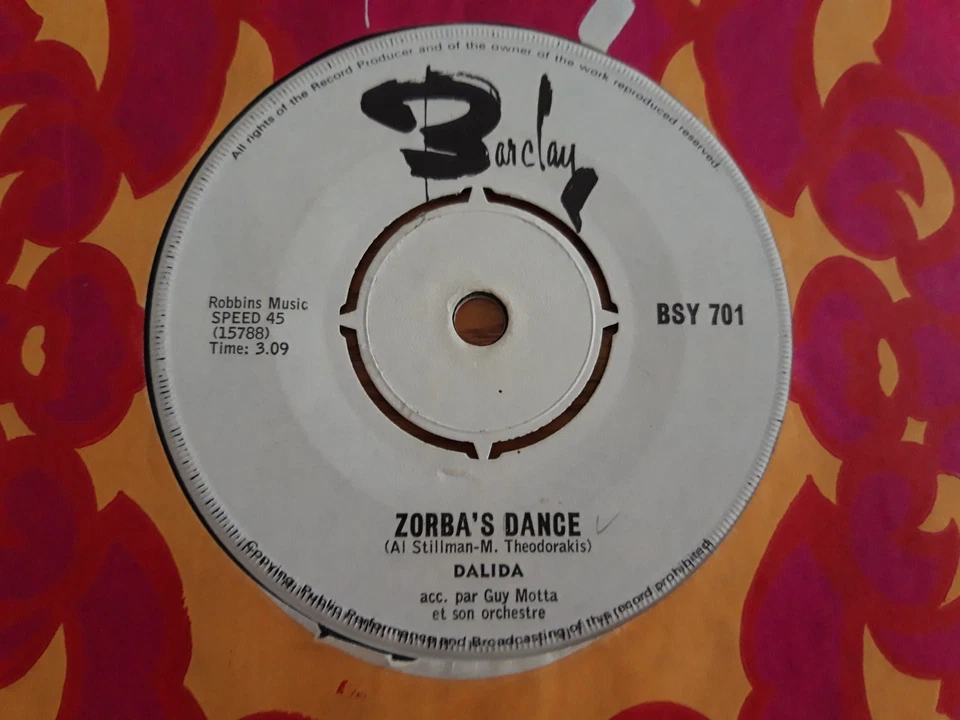 DALIDA Zorba's Dance  AFRIQUE DU SUD  SP BARCLAY BSY701 + Tri-Center  1965  EX - Image 1 of 3