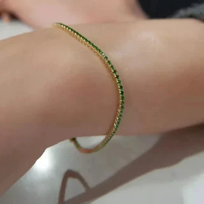 3MM Round Cut Natural Emerald Women's Tennis Bracelet 14K Yellow Gold Plated - Image 1 of 4