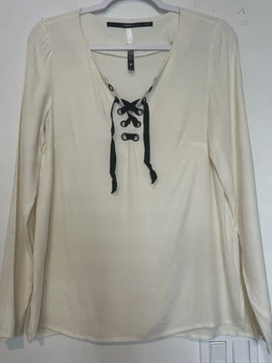 Pullover para mujer Kensie marfil con cierre de cuerda cruzada negro/manga larga pequeño Foto 1 de 4