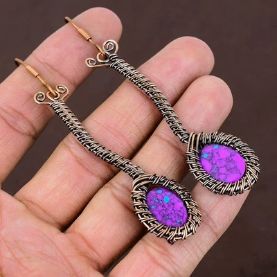 Pendiente envolvente de alambre de cobre natural púrpura turquesa hecho a mano 3,54 regalo u722 Foto 1 de 4