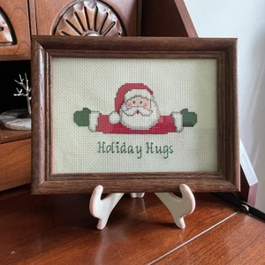 Vintage Cross Stitch Santa Claus Holiday Hugs Wood Frame 8” X 6” - Picture 1 of 3