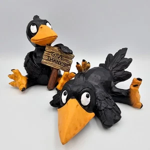 Thanksgiving Crow Figurines (2) – “Give Thanks” Black Bird Fall Decor Set - Picture 1 of 14