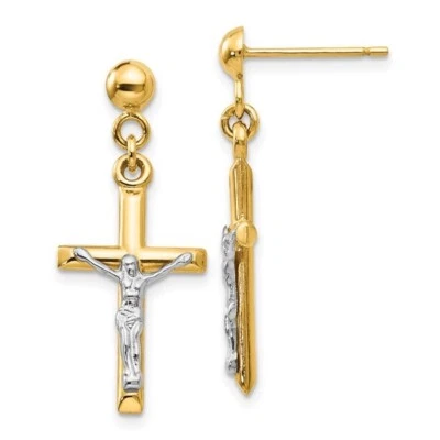 14K Real Gold Crucifix Earrings, 29mm x 12mm Jesus Christ Cross Earrings- TE608 - Image 1 of 4